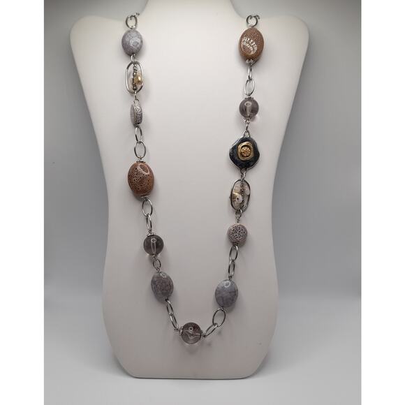 Chico's Long 42" Bead Necklace Beige Lavender Clear Layering - Picture 11 of 14